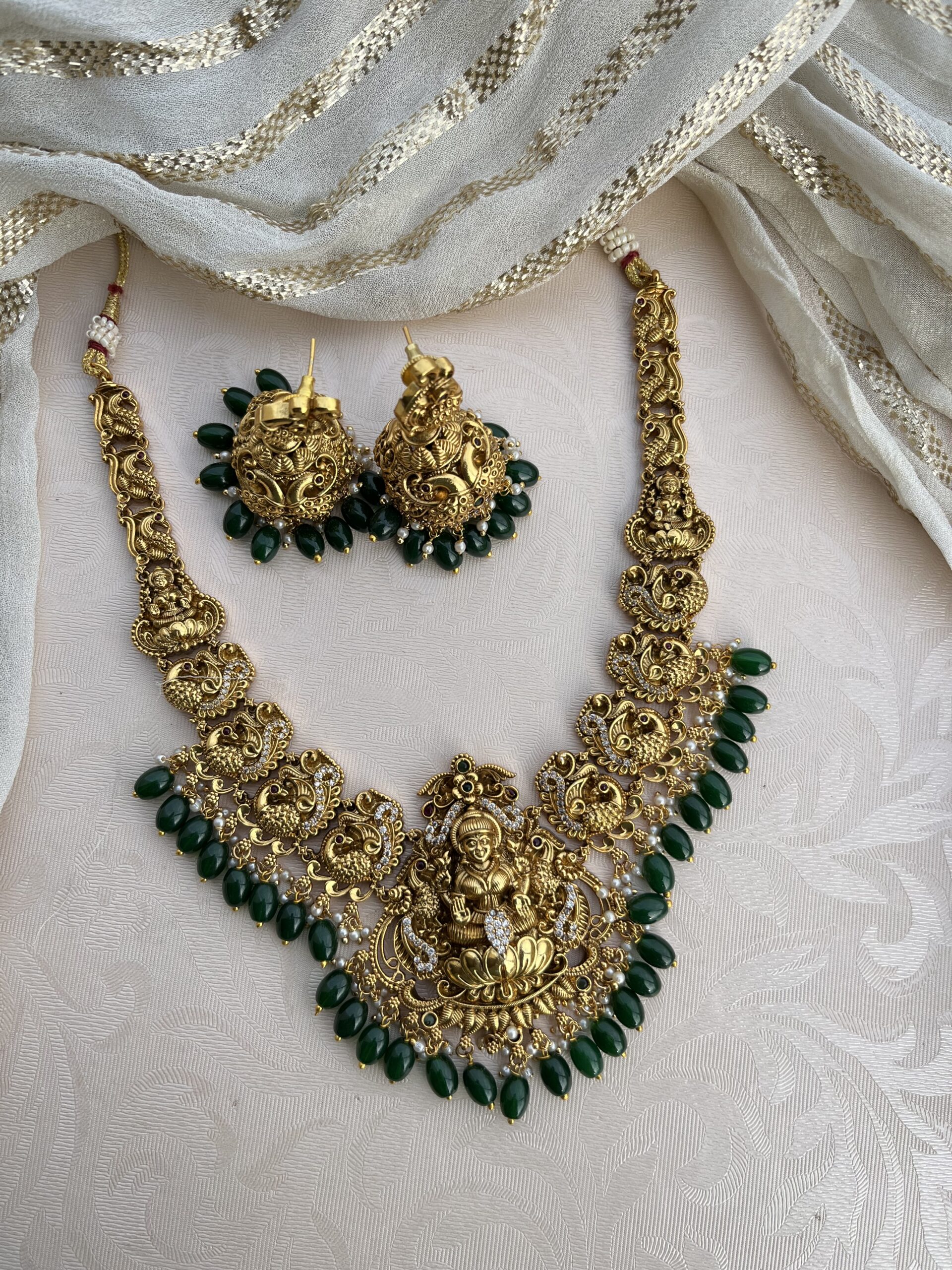 Antique Lakshmi Necklace Green Beads – Indian Jewllery